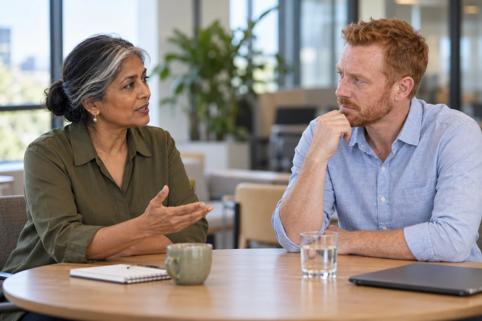 An older woman and a ginger-haired man having a respectful workplace discussion