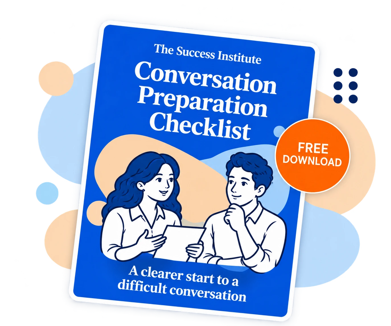 Free Conversation Preparation Checklist with two colleagues and blue and peach artwork